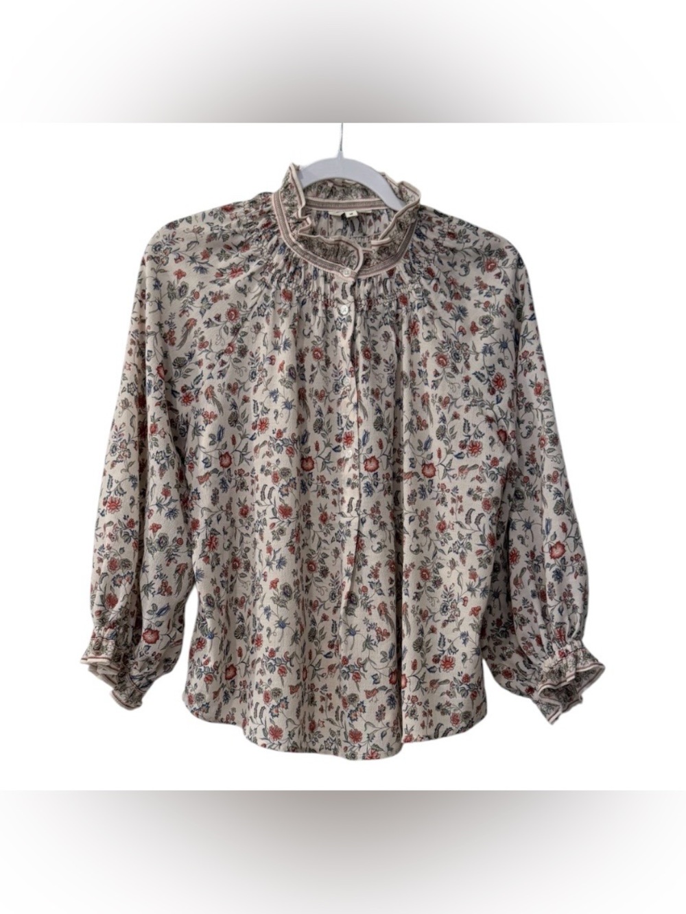 Max Studio women’s Medium mock neck long sleeve floral multicolored tan blouse